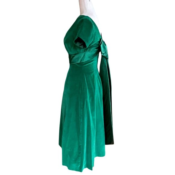 Vtg 1950s Kay Selig Emerald Green Velvet Evening Tea Length Dress Satin Bow Back - Picture 5 of 14